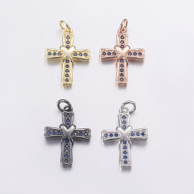 Brass Micro Pave Cubic Zirconia Pendants, Long-Lasting Plated, Cross, Dark Blue