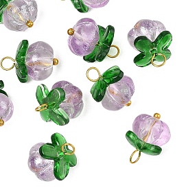 10Pcs Pumpkin Glass Pendants, with Brass Findings, Golden