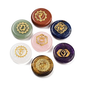 7 Chakra Natural Gemstone Ornaments, Flat Round with Chakra Symbols Stone for Reiki Energy Balancing Meditation Gift