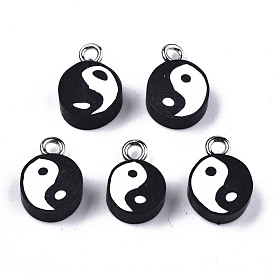 Amuletos de arcilla polimérica hechos a mano, con fornituras de hierro tono platino, plano y redondo con yin yang