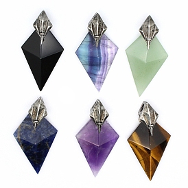 Natural Gemstone Pendants, Rhombus Charms with Metal Findings, Antique Silver