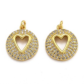 Brass Micro Pave Clear Cubic Zirconia Pendants, Long-Lasting Plated, Flat Round with Heart Pattern