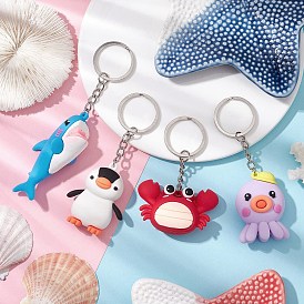 PVC Plastic Marine Organism Keychain, with Iron Split Key Rings, Octopuses & Penguins Crabs & Sharks