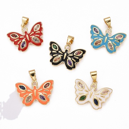 Brass Micro Pave Clear Cubic Zirconia Pendants, with Enamel, Long-Lasting Plated, Real 18K Gold Plated, Butterfly