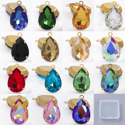 56pcs 14 colors Brass Glass Charms, with Iron Loop, Teardrop