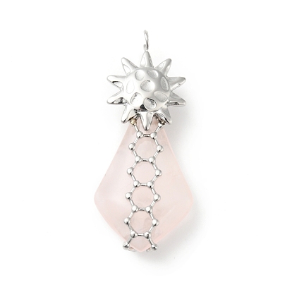 Natural Rose Quartz Pendants, Teardrop Charm, with Stainless Steel Color Plated 304 Stainless Steel Sun Findings