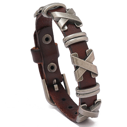 Cowhide Leather Cord Bracelet with Alloy Criss Cross Beaded, Adjustable Bracelet