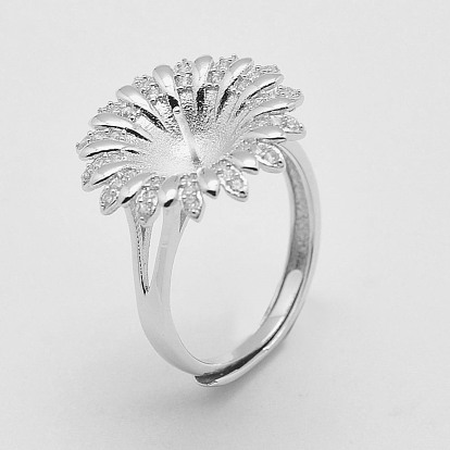Adjustable 925 Sterling Silver Design Ring Mounts Fittings with Pearl Seat, For Half Drilled Beads, with Cubic Zirconia, Flower, Size 7