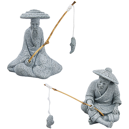 2Pcs 2 Styles Sandstone Fishermen with Bamboo Pole and Polyester Ornaments, for Home Office Decorations
