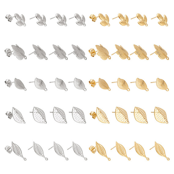 40 шт 10 стиль 304 серьги-гвоздики из нержавеющей стали, с горизонтальными петлями и ушными гайками/задними частями серег, лист