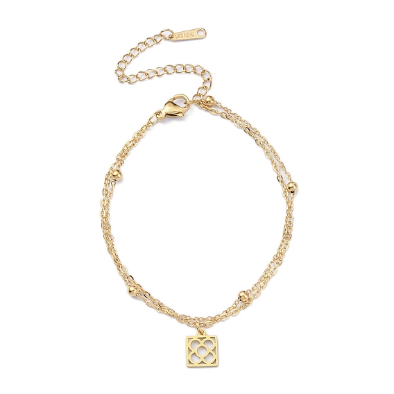 304 Stainless Steel Cable & Satellite Chains Double Layer Multi-strand Bracelet, with Square with Flower Charms