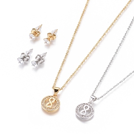 304 Stainless Steel Jewelry Sets, Brass Micro Pave Cubic Zirconia Pendant Necklaces and 304 Stainless Stud Earrings, with Plastic Ear Nuts/Earring Back, Flat Round with Infinity