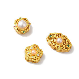 Rack Plating Hollow Brass Cubic Zirconia Beads, with ABS Imitation Pearl, Long-Lasting Plated, Matte Gold Color