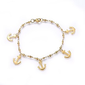 304 Stainless Steel Charm Bracelets, with Lobster Claw Clasps, Anchor