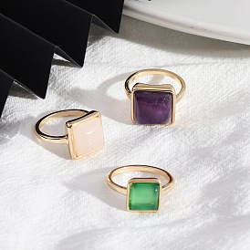 Fashionable Natural Stone Square Texture Alloy Ring - European and American Style