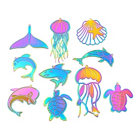 Ion Plating(IP) 304 Stainless Steel Etched Metal Embellishments Pendants, Rainbow Color, Sea Animals Charm