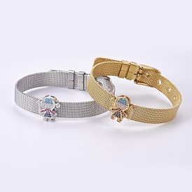Unisexes 304 bracelets bracelet en acier inoxydable de bracelet, avec breloques coulissantes en laiton à micro-pavé de zircons cubiques, fille