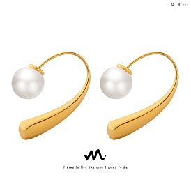 High-end unique design imitation pearl earrings titanium steel plated 18K gold earhook niche fashion personality earrings