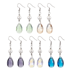 Glass and Shell Pearl Dangle Earrings, with Iron Earring Hooks for Woman, Teardrop, Platinum