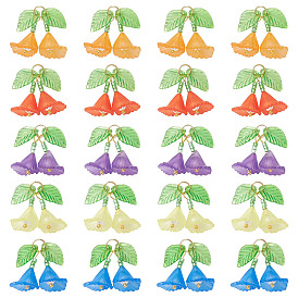 50 pcs 5 couleurs pendentifs acryliques transparents, breloques fleurs et feuilles, avec des perles de verre et des anneaux de jonction ouverts en acier inoxydable
