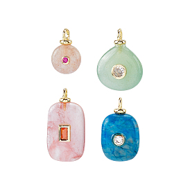 4 pcs 4 styles pendentifs de pierres précieuses mixtes, formes mixtes, avec accessoires zircon cubique micro pave en laiton, réel 18 k plaqué or, sans cadmium et sans plomb, crémaillère plaquage, plaqué longue durée