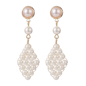 Shell Pearl & Plastic Braided Rhombus Dangle Stud Earrings, Golden Brass Wire Wrap Long Drop Earrings for Women