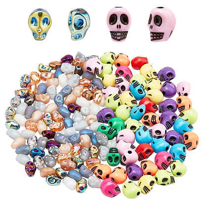 200Pcs Electroplate Glass Beads, Antique Acrylic Beads, Mixed Style, Skull