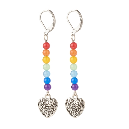 Natural Malaysia Jade with Alloy Heart Long Dangle Leverback Earrings, 7 Chakra Gemstone Jewelry for Women