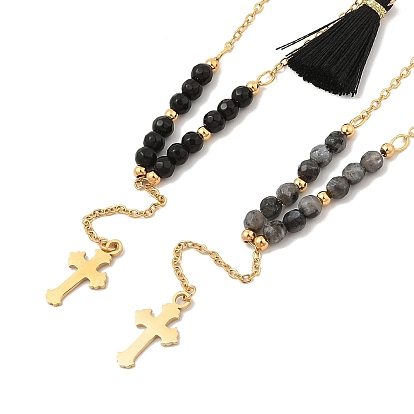 Золотистый тон 304 ожерелья с подвеской-крестом из нержавеющей стали, пластиковые бусины четки с кисточкой для женщин