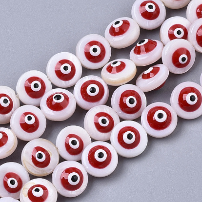 Natural Freshwater Shell Beads, Enamelled Sequins, Flat Round with Evil Eye