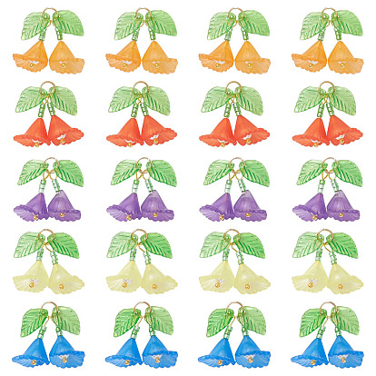50 pcs 5 couleurs pendentifs acryliques transparents, breloques fleurs et feuilles, avec des perles de verre et des anneaux de jonction ouverts en acier inoxydable