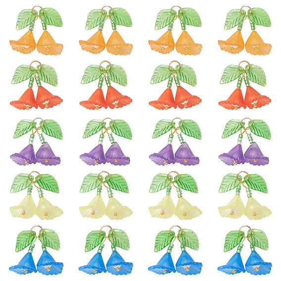 50 piezas 5 colgantes acrílicos transparentes de colores, dijes de flores y hojas, con cuentas de vidrio y 304 anillos de salto abiertos de acero inoxidable