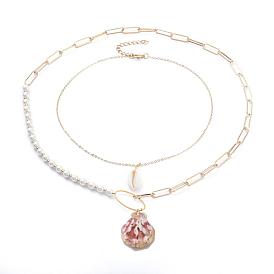 Shell Pendants Necklaces Set, with Iron Paperclip Chains, Brass Cable Chains, Natural Shell Beads and Glass Pearl