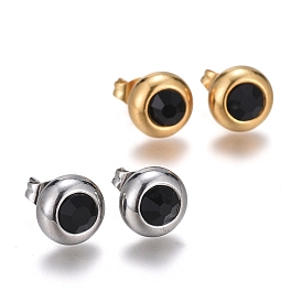 304 Stainless Steel Stud Earrings, with Cubic Zirconia and Ear Nuts, Flat Round
