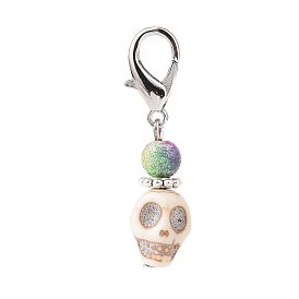 Halloween Synthetic Magnesite Skull Pendants Decorations, with Spray Painted Acrylic Beads, Lobster Clasp Charms, for Keychain, Purse, Backpack Ornament