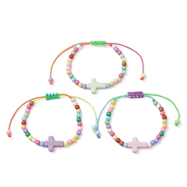 Cross & Round Acrylic Braided Bead Bracelets, Adjustable Nylon Cord Bracelets