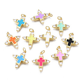 Brass Micro Pave Cubic Zirconia Enamel Pendants, with Jump Rings, Cadmium Free & Nickel Free & Lead Free, Real 16K Gold Plated, Cross