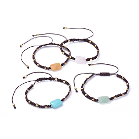 Adjustable Gemstone Braided Bead Bracelets, Nylon Thread Square Knot Bracelets, with Brass Beads