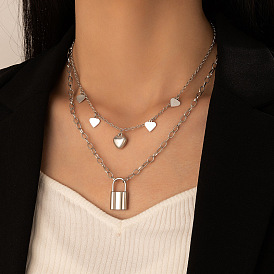 Heart Lock Double Layer Necklace with Geometric Peach Heart Chain and Multi-layer Necklaces
