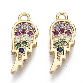 Brass Micro Cubic Zirconia Charms, Nickel Free, Real 18K Gold Plated, Wing, Colorful