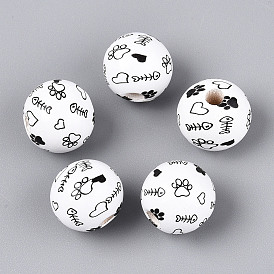 Окрашенные распылением деревянные бусины Schima, печатные бисера, круглый с узором в виде сердца и рыбьей кости