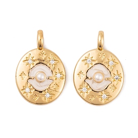 Brass Micro Pave Cubic Zirconia Pendants, with Enamel and ABS Beads, Real 18K Gold Plated Oval with Shell Shape Charms