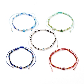 Adjustable Nylon Cord Braided Bead Bracelets, with Evil Eye Lampwork Beads, FGB Glass Seed Beads and Frosted Glass Beads