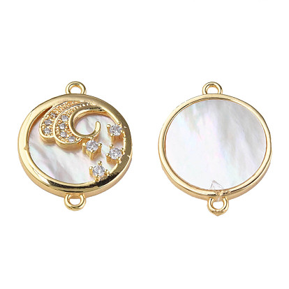 Шармы-соединители из латуни с микропаве из кубического циркония, с естественной оболочке, реальный 18 k позолоченный, без никеля , плоско-круглые