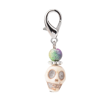 Halloween Synthetic Magnesite Skull Pendants Decorations, with Spray Painted Acrylic Beads, Lobster Clasp Charms, for Keychain, Purse, Backpack Ornament
