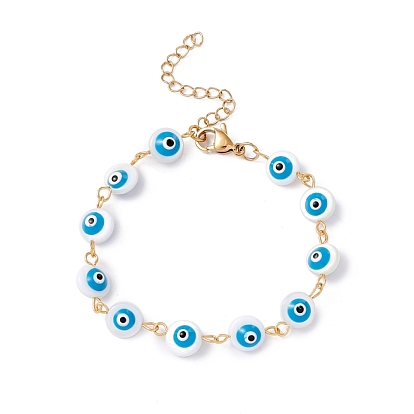 Natural Shell Evil Eye Link Chain Bracelet with Enamel, 304 Stainless Steel Jewelry for Women, Golden