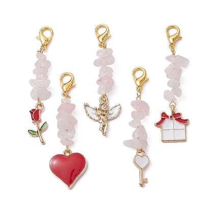 Valentine's Day Natural Rose Quartz Chip Pendant Decorations, with Mixed Shapes Alloy Enamel Pendant and Alloy Lobster Claw Clasps