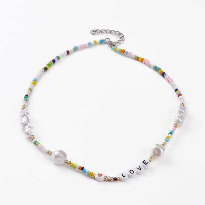Glass Seed Beaded Necklaces, with ABS Plastic Imitation Pearl Beads, Acrylic Heart Beads and Platinum Plated Alloy Lobster Claw Clasps