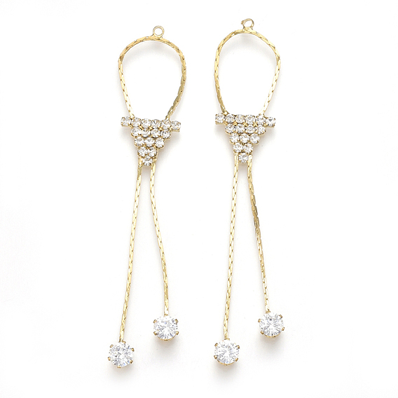 Brass Chain Tassel Big Pendants, Real 18K Gold Plated, with Cubic Zirconia, Clear