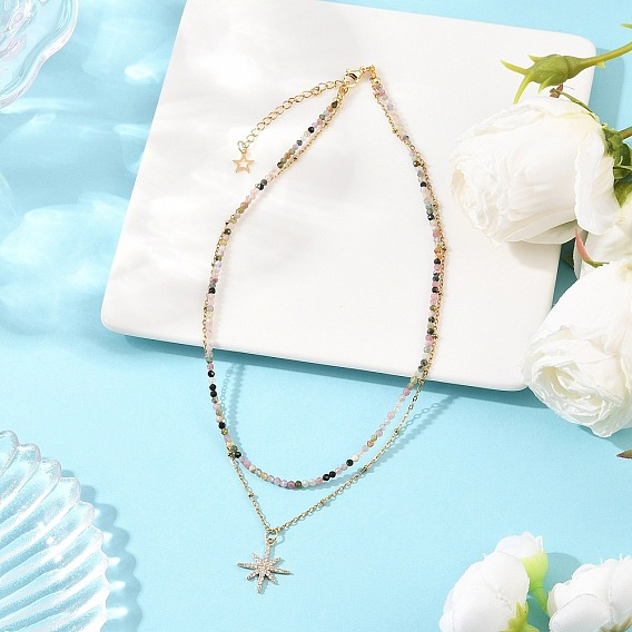 Латунный кулон в форме звезды с микропаве из кубического циркония, натуральный турмалин, граненые круглые бусины и 304 двухслойные цепочки-спутницы из нержавеющей стали, золотые